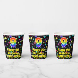 9. Geburtstag: Fun Stars Pattern und Regenbogen 9 Pappbecher