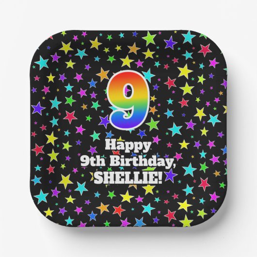 9. Geburtstag: Fun Stars Pattern und Regenbogen "9 Pappteller (Vorderseite)