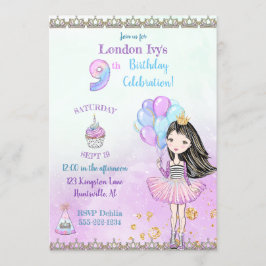 9. Geburtstag Girl Princess Cupcake Balloons Einladung