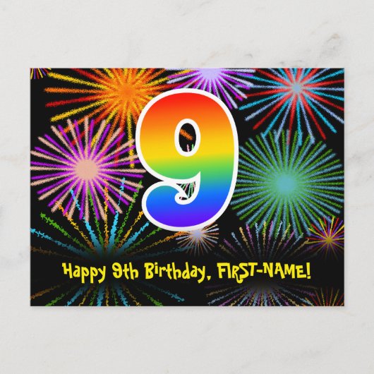 9. Geburtstag – Lustiges Feuerwerk Muster + Regenb Postkarte (Vorderseite)