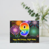 9. Geburtstag – Lustiges Feuerwerk Muster + Regenb Postkarte (Stehend Vorderseite)