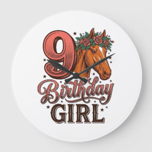 9. Geburtstag Mädchen Pferd Floral Vintage Design Große Wanduhr
