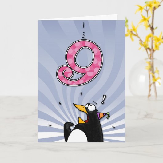 9. Geburtstag - Pinguin-Überraschung Karte (Gelbe Blume)
