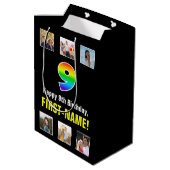 9. Geburtstag: Regenbogen "9", benutzerdefinierte Mittlere Geschenktüte (Rückseite Schrägansicht)