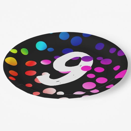 9. Geburtstag: Regenbogen Punkte Pappteller (Schrägansicht)