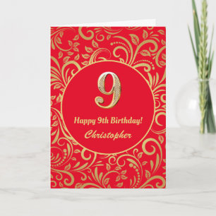 9. Geburtstag: Rotes und goldenes Blumenmuster Karte
