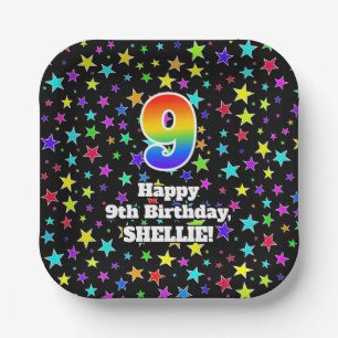9. Geburtstag: Sterne-Muster und Regenbogen „9“ Pappteller