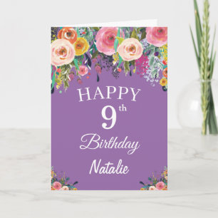 9. Geburtstag Wasserfarbe Floral Blumen Lila Karte