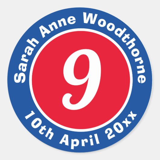 9. Geburtstagsaufkleber mit Name und Datum Runder Aufkleber (Vorderseite)