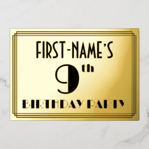 9. Geburtstagsfeier — Art Deco-Look „9“ + Name Folieneinladung