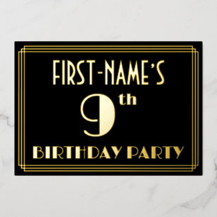 9. Geburtstagsparty: Art Deco Look "9", w/ Name Folieneinladung