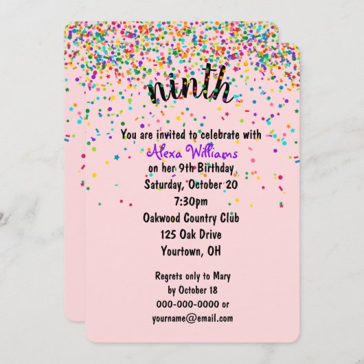 9. Geburtstagsparty Confetti Einladung (Vorne/Hinten)