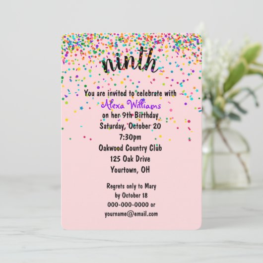 9. Geburtstagsparty Confetti Einladung (Stehend Vorderseite)