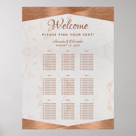 9 Hochzeitskartentabelle aus Kupfer, Marmormetall Poster (Vorne)