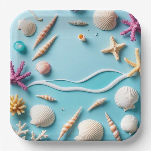9-Inch Square Paper Plate with Sea Life Design –  Pappteller (Vorderseite)