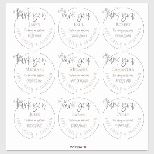 9 individuelle Namen Danke Nachricht Hochzeit Weiß Aufkleber (Blatt)