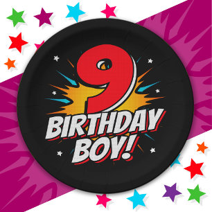 9 Jahre alter Superheld zum Geburtstag Junge 9. Ge Pappteller