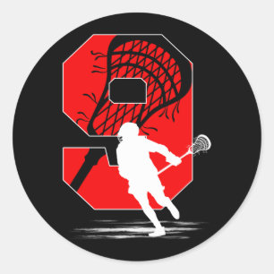 9-jähriger Junge Lacrosse Thema 9. Geburtstagsfeie Runder Aufkleber