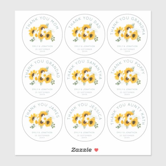9 Kleiner Name dank Hochzeit Sonnenblume Aufkleber (Blatt)