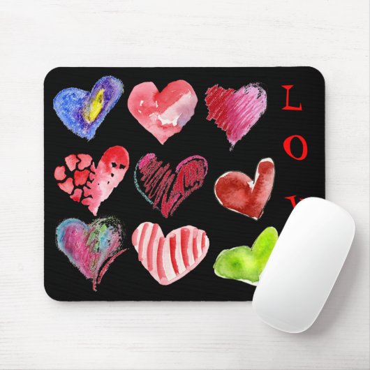 9 Liebe-Herzen auf schwarzem Mousepad (Mit Mouse)