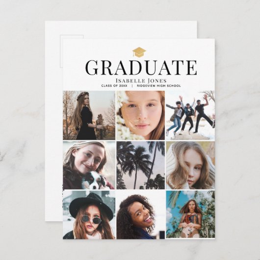 9 Minimalistischer weißer Abschluss für FotoCollag Ankündigungspostkarte (Vorne/Hinten)