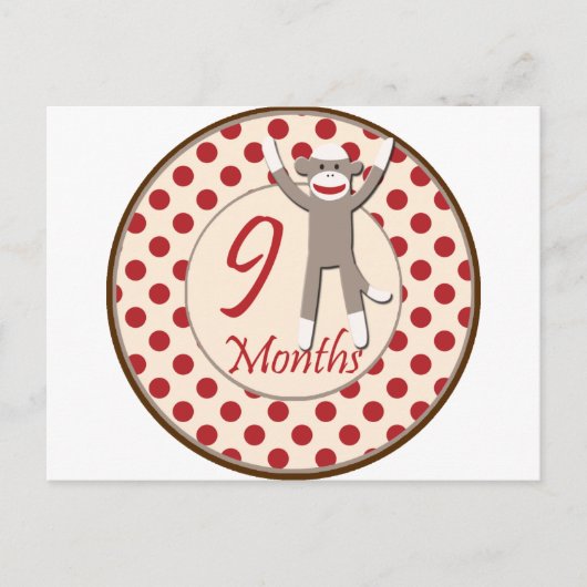 9 Monate Sock Monkey Meilenstein Postkarte (Vorderseite)