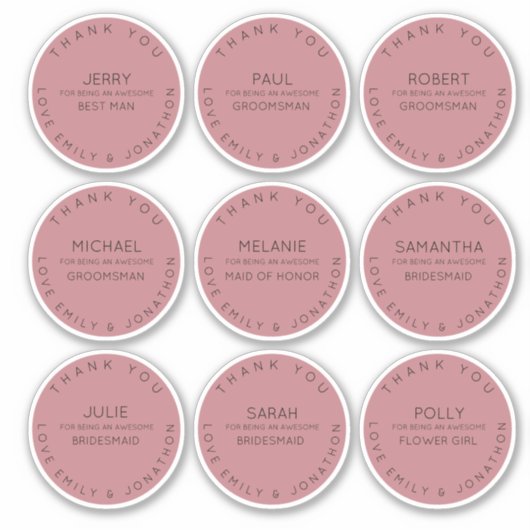 9 Name des Einzelnen Vielen Dank Brautparty Rose R Aufkleber (Vorderseite)