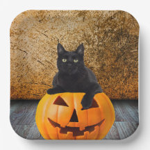 9" Papier Teller, Halloween Black Cat On Pumpkin