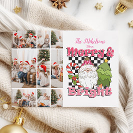 9 Photo Checkered Merry & Bright Christmas Feiertagskarte