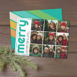 9 Photo Offset - Bold Merry Christmas Retro Stripe Feiertagskarte<br><div class="desc">FRONT DESIGN: A collage of 9 photos in a simple grid to highlight many pic from the past year. The photo grid is off center with a thin border surrounding the entire card. A modern look for a holiday photo card with bright teal aqua colored accents and "merry" in a...</div>