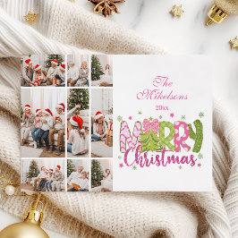 9 Photo Pink Green Bow Tree Merry Christmas Feiertagskarte