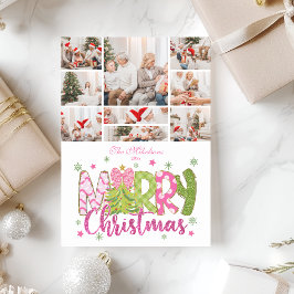 9 Photo Pink Green Bow Tree Merry Christmas Feiertagskarte