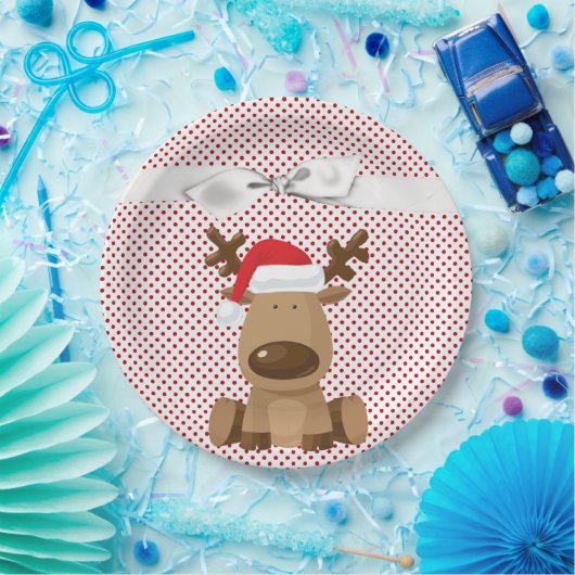 9" Round Paper Plate Rentier Christmas XMAS Polka Pappteller (Party)