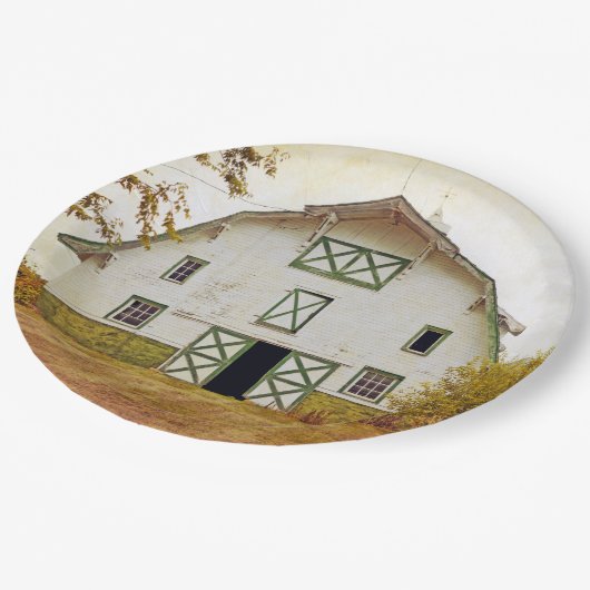 9" Round Paper Plate Sunset Barn Country Rustic Fi Pappteller (Schrägansicht)