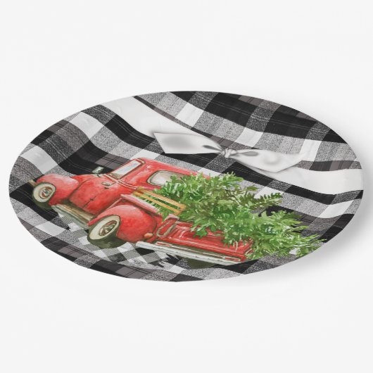 9" Round Paper Plate XMAS Truck Weihnachtsbüffel Pappteller (Schrägansicht)
