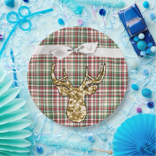 9" Runder Paper Plate Gold Glitzer Rentier Kariert Pappteller (Party)