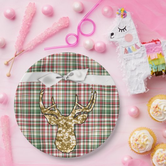 9" Runder Paper Plate Gold Glitzer Rentier Kariert Pappteller (Party)