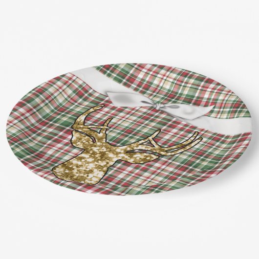 9" Runder Paper Plate Gold Glitzer Rentier Kariert Pappteller (Schrägansicht)
