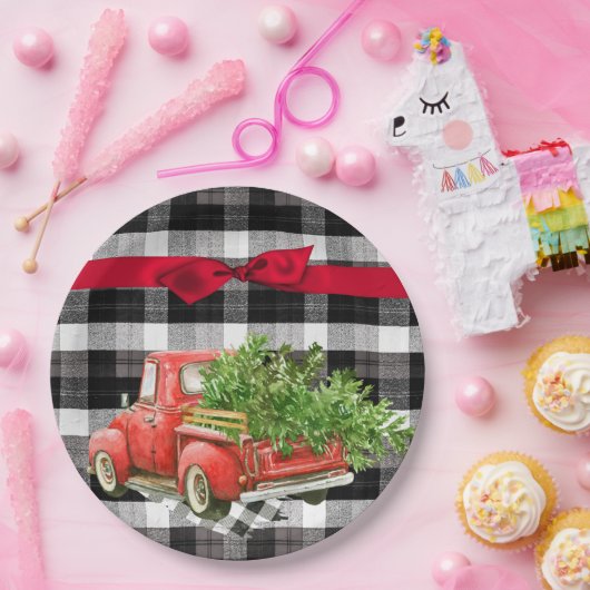 9" Rundpapierplatte XMAS LKW Buffalo Kariert Blac Pappteller (Party)