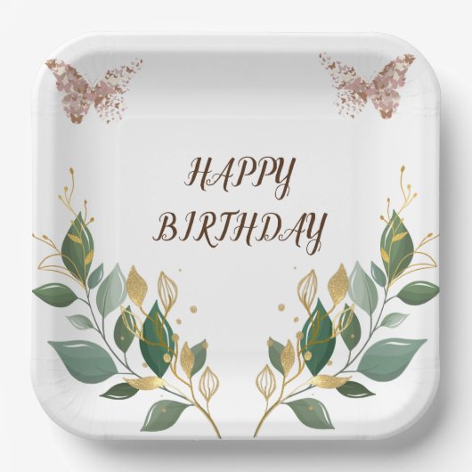 9" Square Floral Happy Geburtstag Papiertafel. Pappteller (Vorderseite)