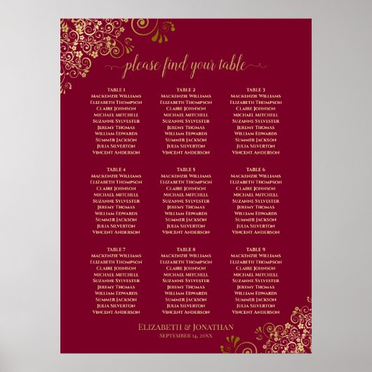 9 Tabelle Elegantes Burgundy & Gold Lace Seating C Poster (Vorne)