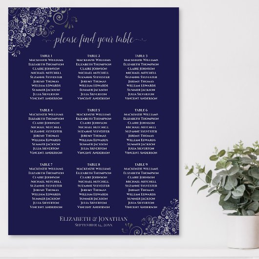 9 Tabelle Hochzeitskarte Navy Blue & Silver Poster