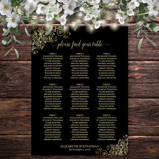 9 Tabelle Hochzeitskarte Schwarz mit Gold Frills Poster
