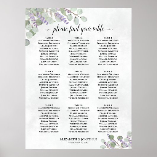 9 Tabelle Lavendel Eukalyptus Hochzeitstabelle Poster (Vorne)