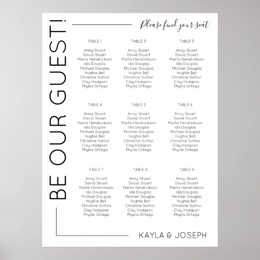 9 Tabelle Minimalistische Hochzeitdiagrammvorlage Poster (Vorne)