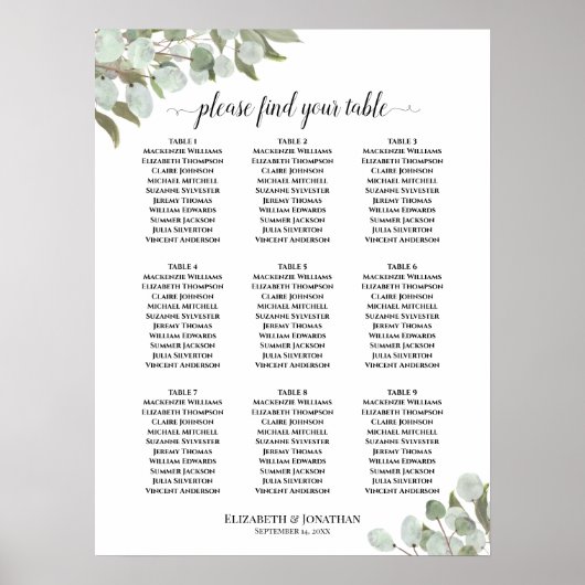 9 Tabelle Rustikale Eukalyptus-Hochzeitstabelle Poster (Vorne)
