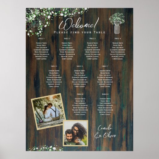 9 Tabelle Rustikales Holz Gypsophila FOTO SITZENDE Poster (Vorne)