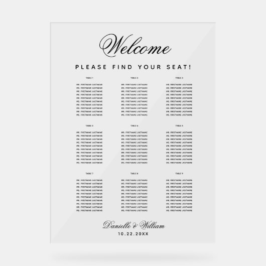 9 Tabellen Einfache, transparente Hochzeitssitzdia Acrylschild (Vorderseite)