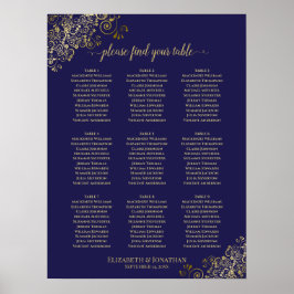 9 Table Wedding Seating Chart Navy Blue Lacy Gold Poster