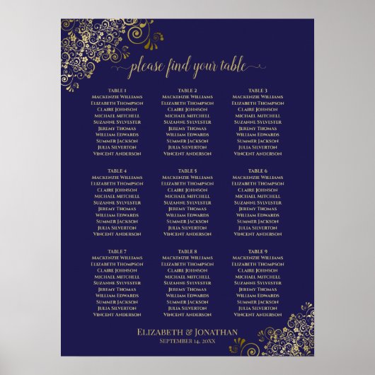 9 Table Wedding Seating Chart Navy Blue Lacy Gold Poster (Vorne)